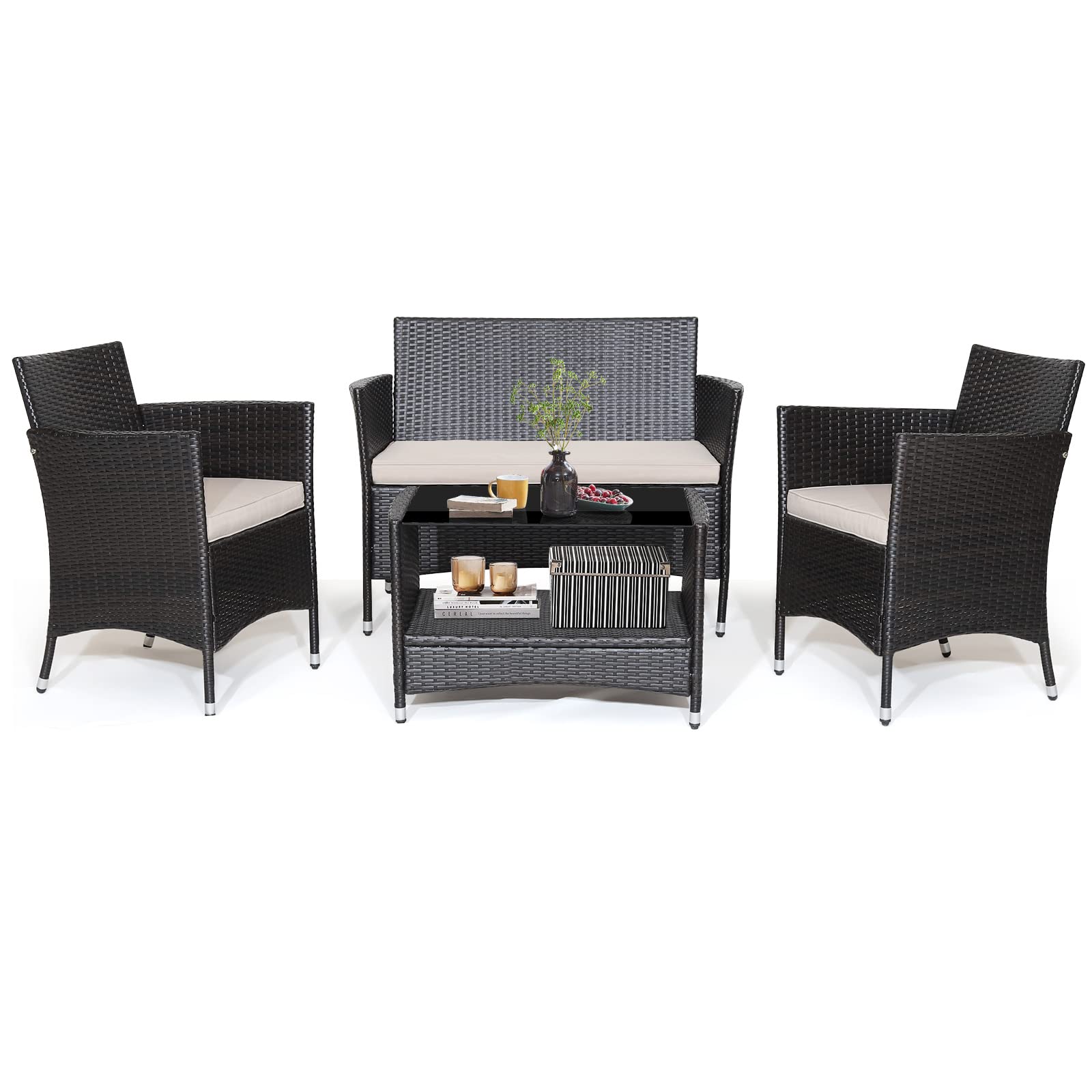 Tangkula Salon de Jardin 4 Pièces, Patiojoy Ensemble de Conversation d'Extérieur en Résine Tressée avec Coussins Moelleux et Table Basse en Verre Trempé